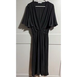 Emerson Fry Women Deep V-Neck Flutter Sleeve Maxi Lila Dress Black Crepe L Flowy